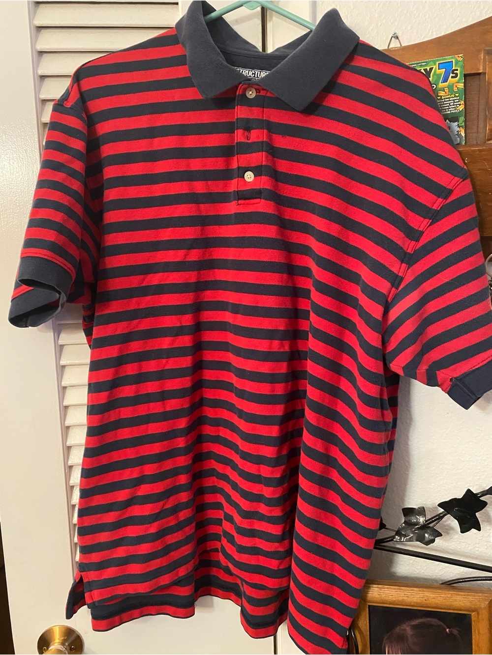 Vintage Structure Red and Navy Striped Polo Shirt